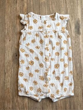 H&M Cream Gauze Baby Floral Button Romper with Mustard Print